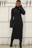 Black Sexy Bell sleeve Long Sleeves Turtleneck Step Skirt Mid-Calf asymmetrical Solid Patchwork