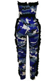 Blue Drawstring Mid Patchwork camouflage pencil Pants Jumpsuits & Rompers