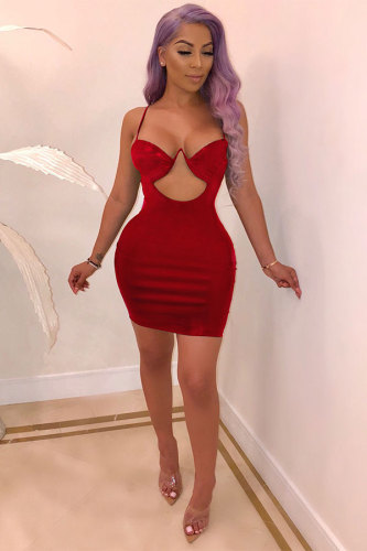 Moda roja Sexy fuera del hombro sin mangas cuello en V falda a la cadera falda sin espalda vestidos de club