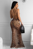 Brown Polyester adult Fashion Sexy Off The Shoulder Sleeveless Slip Asymmetrical Floor-Length Print Draped