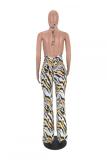 Yellow Fashion Sexy Print Backless Striped Hollow Slip Jumpsuits