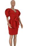 Red adult Fashion Sexy asymmetrical Solid Bandage Patchwork pencil Short Sleeve Two-Piece Dre