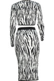 Trajes de dos piezas sexy en blanco y negro Falda de cadera a rayas de patchwork Vestido de dos piezas de manga larga