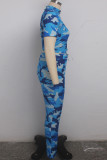 Trajes de dos piezas de patchwork sexy azul Conjunto de pantalones de dos piezas de manga larga recta con estampado