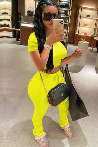 Yellow knit Sexy Solid Patchwork Two Piece Suits Straight Short Sleeve 