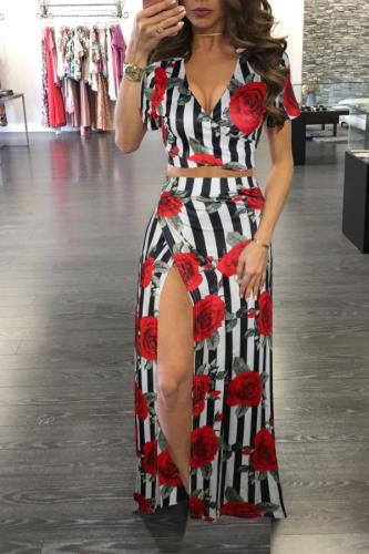 rose adult Street Fashion Two Piece Suits Patchwork Print Split Floral A-line skirt Short Sleev