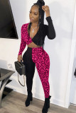 rose red Sexy Patchwork Two Piece Suits Leopard Straight Long Sleeve