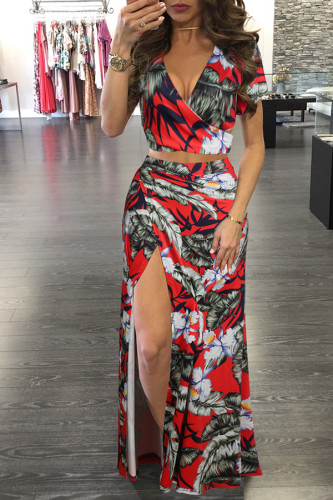 As Show Fashion adult Sexy Patchwork Print Two Piece Suits Split Floral bow-knot Hip skirt Short S