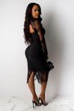 Black adult Sexy Fashion Cap Sleeve Long Sleeves Half-Open collar Step Skirt Knee-Length lace ho