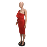 Vestido ajustado rojo sexy con hombros descubiertos, sin mangas, con cuello de un hombro, vestidos de club a media pantorrilla