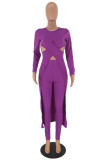 purple adult Sexy Fashion Solid asymmetrical Patchwork Two Piece Suits HOLLOWED OUT pencil Long S