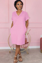 Pink Fashion adult Casual OL Cap Sleeve Short Sleeves V Neck A-Line Knee-Length Patchwork Solid 