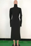 Черная сексуальная водолазка с длинными рукавами и длинными рукавами, ступенчатая юбка до середины икры, асимметричная однотонная пэчворк