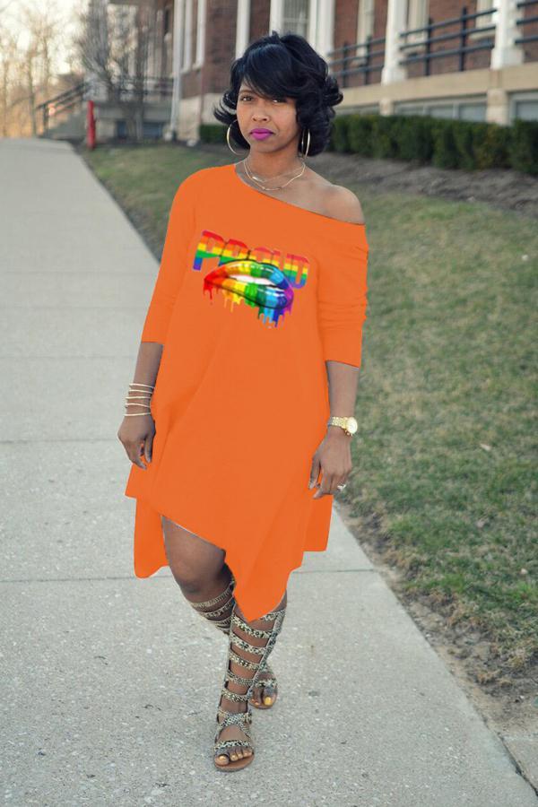 Orange Erwachsene Mode Sexy One Shoulder Long Sleeves One Shoulder Collar Swagger Mid-Calf Print Ch