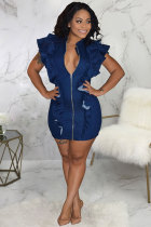 Bleu Sexy mode réservoir sans manches col rabattu étape jupe Mini chaîne Patchwork volants robes de Club