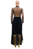 Black Fashion Sexy Cap Sleeve Long Sleeves Turndown Collar Pleated Ankle-Length lace Polka Dot p