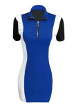 Royal blue Sexy Fashion Cap Sleeve Short Sleeves Turndown Collar Step Skirt skirt Patchwork Print chain 