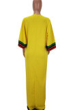 イエロー ファッション セクシー キャップ スリーブ 3/4 長さの袖 O ネック ストレート床長さの非対称カジュアル ドレス