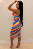 Разноцветная сексуальная мода для взрослых с открытыми плечами без рукавов и запахом на груди, ступенчатая юбка до середины икры с принтом Str