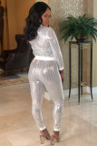 Silberner erwachsener sexy modischer zweiteiliger Anzug mit Patchwork-Pailletten, gerade, langärmlig, zweiteilige Hose