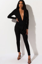 Black Polyester Sexy asymmetrical Solid Two Piece Suits ruffle Patchwork pencil Long Sleeve  Two-piece Pan