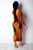 Orange Sexig Mode Keps Ärm Långärmad V-hals Step Kjol Mid-Calf Patchwork Print