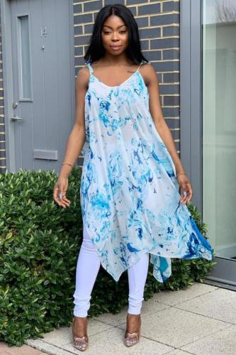 Light Blue Casual Fashion Spaghetti Strap Sleeveless Slip Step Skirt Mid-Calf split Print asymmetrica