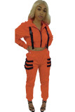 オレンジカジュアルツーピーススーツソリッドパッチワークペンシル長袖ツーピースパンツセット