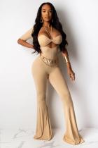 Apricot Polyester Sexy adult Fashion asymmetrical Solid Two Piece Suits HOLLOWED OUT Loose Half Sleeve  Two-