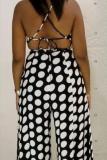 Zwart en wit Casual Mode Polka Dot bandage Asymmetrische Split Mouwloze Slip Jumpsuits