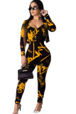 Yellow Casual Two Piece Suits Print Straight Long Sleeve