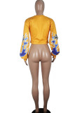 Gelbe Langarm-Sweatshirts und Hoodies mit O-Ausschnitt-Aufdruck