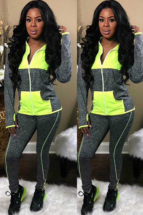 Fluorescent green Fashion adult Casual contrast color Patchwork Two Piece Suits pencil Long Sleeve Two-piec
