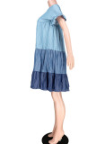 Blauwe gegolfde mouw O-hals Swagger Mini-kleuring Effen uitgeholde jurken
