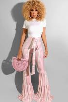 Pantalones sueltos con cremallera y rayas de vendaje de estampado alto sin mangas con mosca elástica rosa