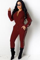 Wine Red Casual Two Piece Suits Patchwork Solid Loose Long Sleeve Two-piece Pants Set