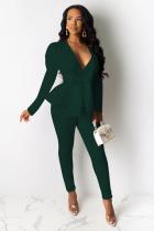 Dark green Celebrities Fashion adult Stringy selvedge Patchwork Two Piece Suits ruffle Solid pencil L