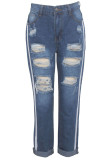 Blue Denim Zipper Fly Sleeveless Mid Hole Solid washing Patchwork Straight Pants Pants