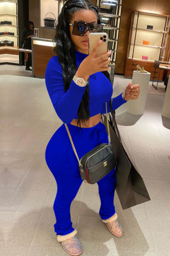Royal blue knit Sexy Fashion Patchwork Two Piece Suits Solid Straight Long Sleeve 