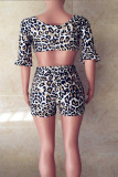 Leopard print Elastic Fly Mid Leopard Straight shorts Two-piece suit