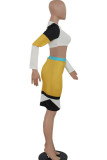 黄色のベネチアン カジュアルなコントラストカラー 幾何学的なツーピーススーツ パッチワーク ペンシル 長袖 ツーピースドレス