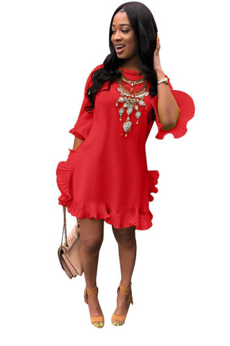 Красная сексуальная модная плиссированная юбка с длинными рукавами и круглым вырезом
