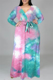 Orange Fashion Casual Print Tie-dye V Neck Long Sleeve Plus Size Dress