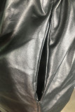 ブラック ファッション セクシー ソリッド ポケット パッチワーク ジッパー PU 半袖 マンダリン カラー