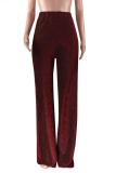 Wine Red Elastic Fly Long Sleeve High Patchwork Straight Pants