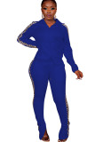 Синие повседневные костюмы из двух предметов в стиле пэчворк, однотонные свободные брюки из двух частей с длинными рукавами