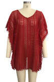 Red Hooded Out Solid Patchwork Fashion adult Sexy Cover-Ups & Beach Dresses