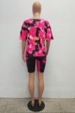 rose red Casual Fashion Tie Dye backless Slim fit Two Piece Suits asymmetrical Regular Half Sleeve Two-Piece