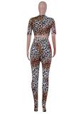 Leopard print Street Fashion adult Two Piece Suits Leopard Bandage Print pencil Long Sleeve Two-piece P