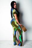 Green Fashion Sexy Patchwork Print Boot Cut Short Sleeve Two-piece Pants Set
